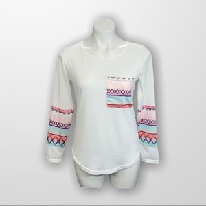 ABL Long Sleeve Crew Neck Tee Aztec Style Pattern Patches  Size Large